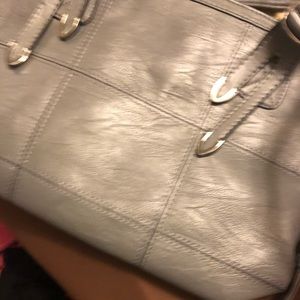Grey leather messenger bag purse